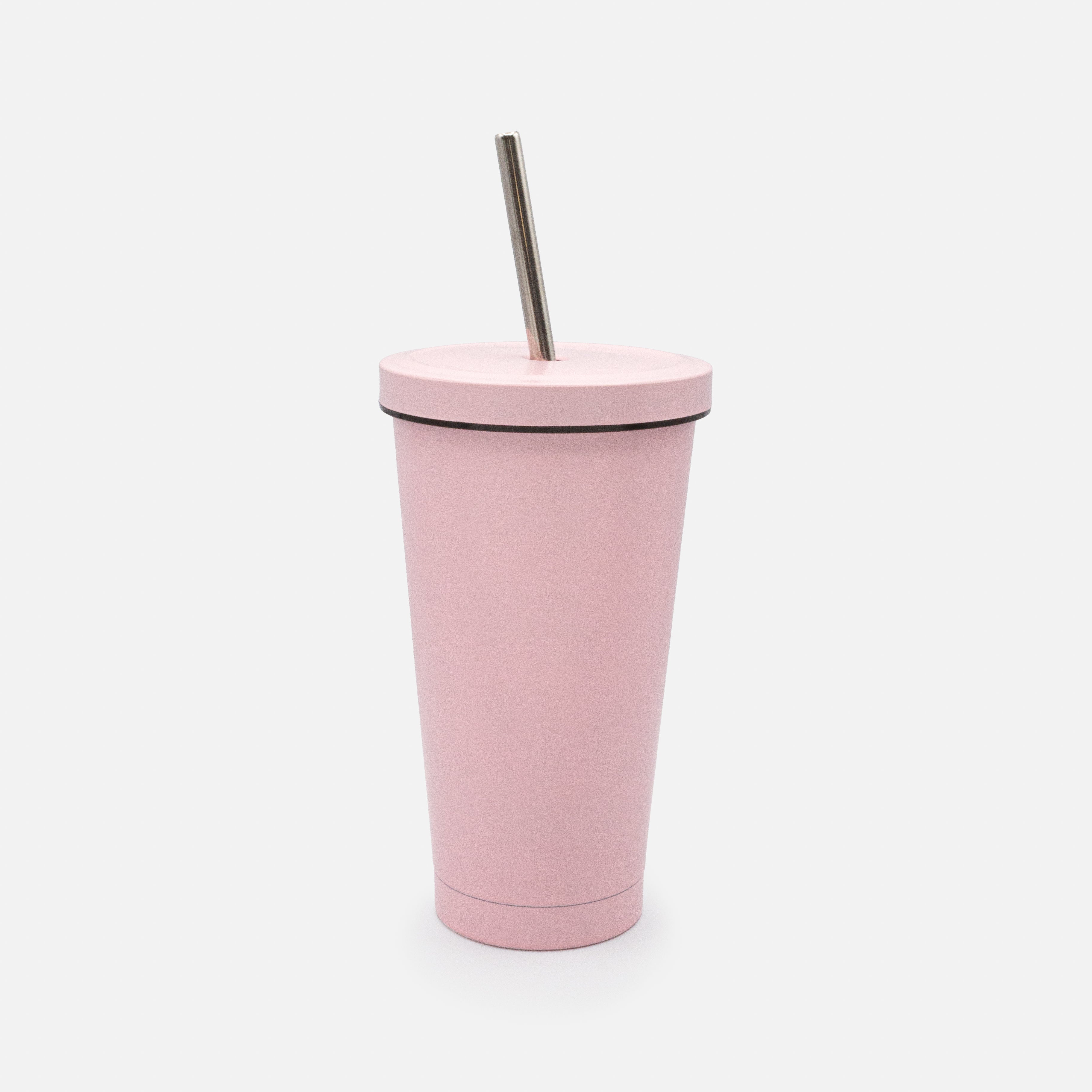 Tasse de voyage rose pâle avec paille en acier inoxydable