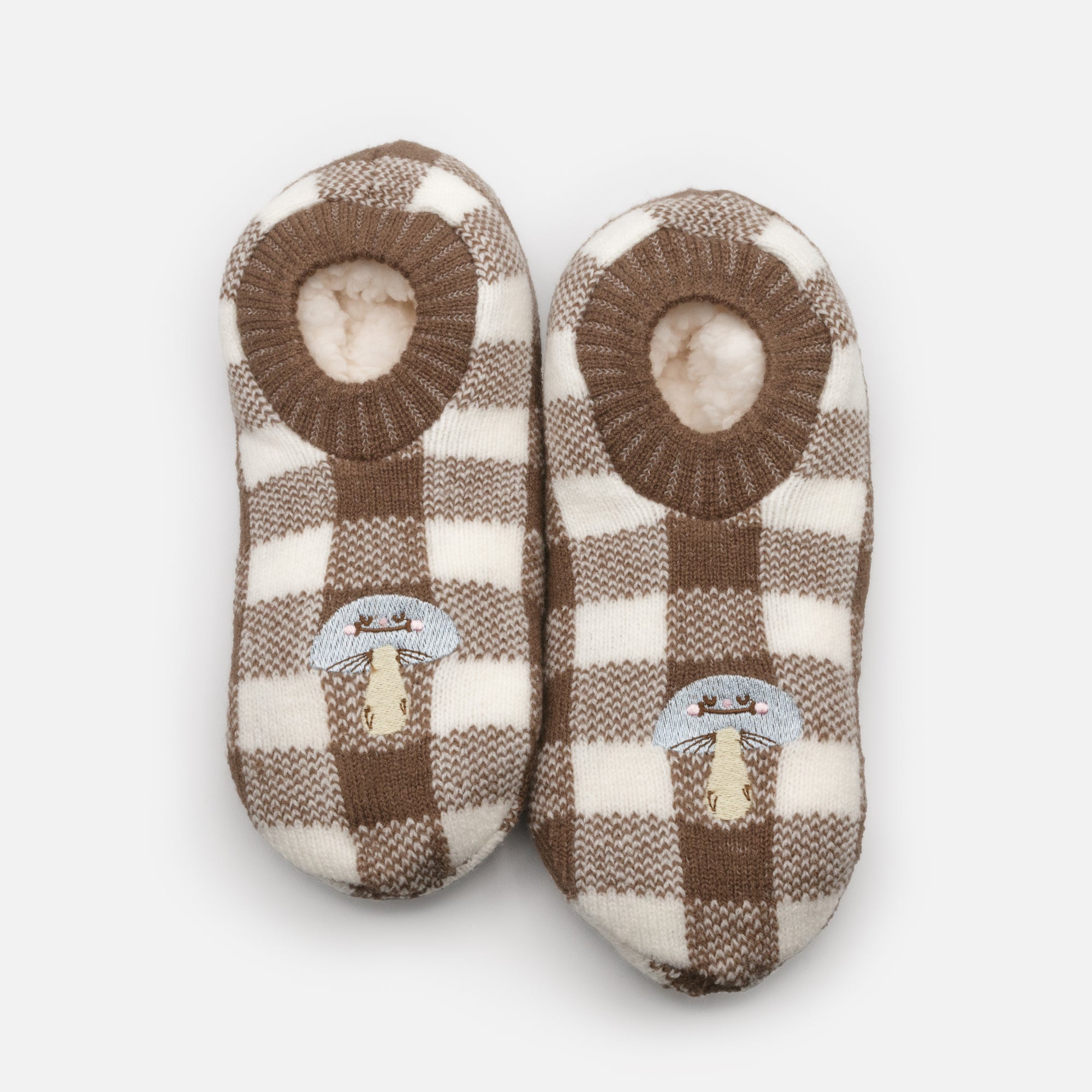 Brown and white plaid slippers with mushroom