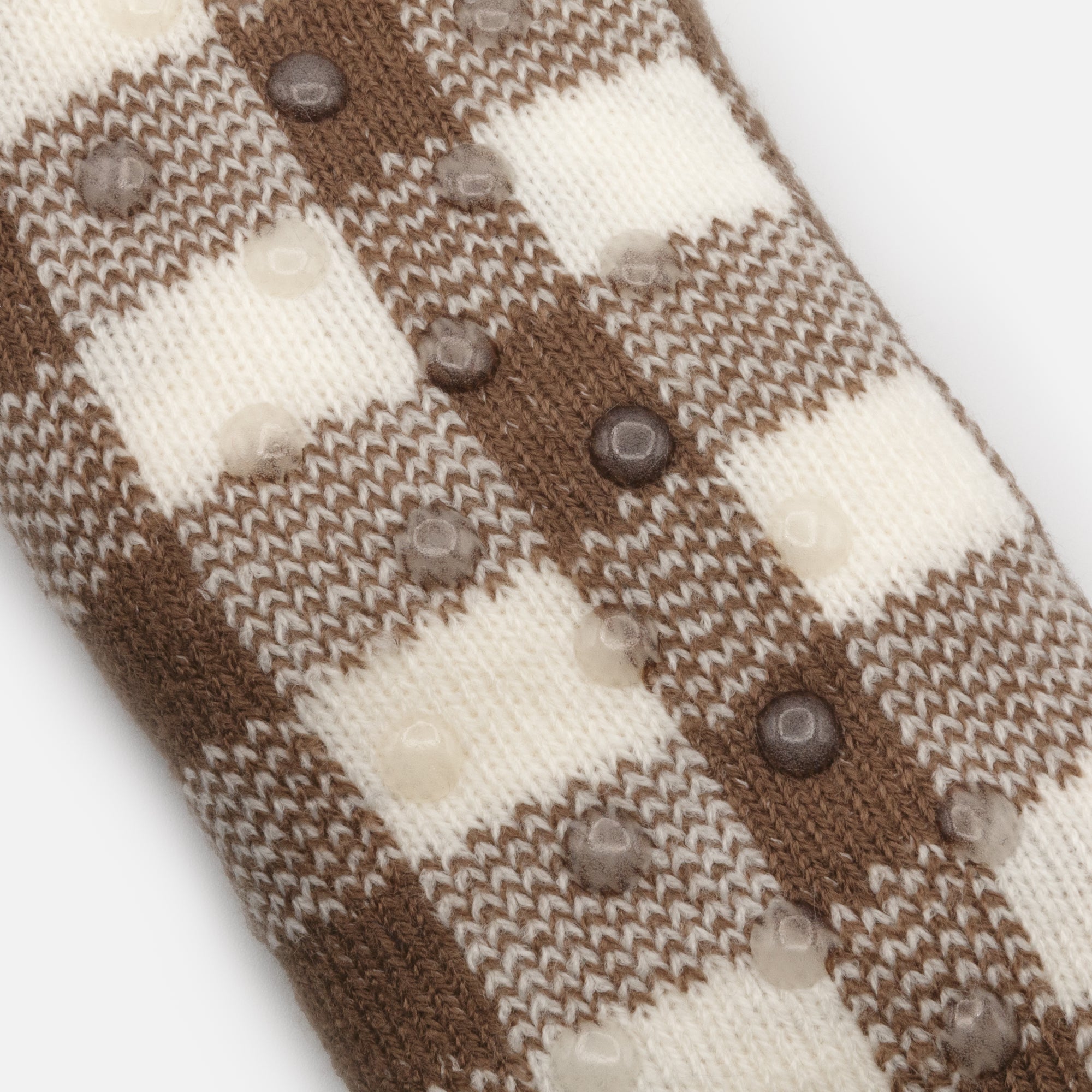 Brown and white plaid slippers with mushroom