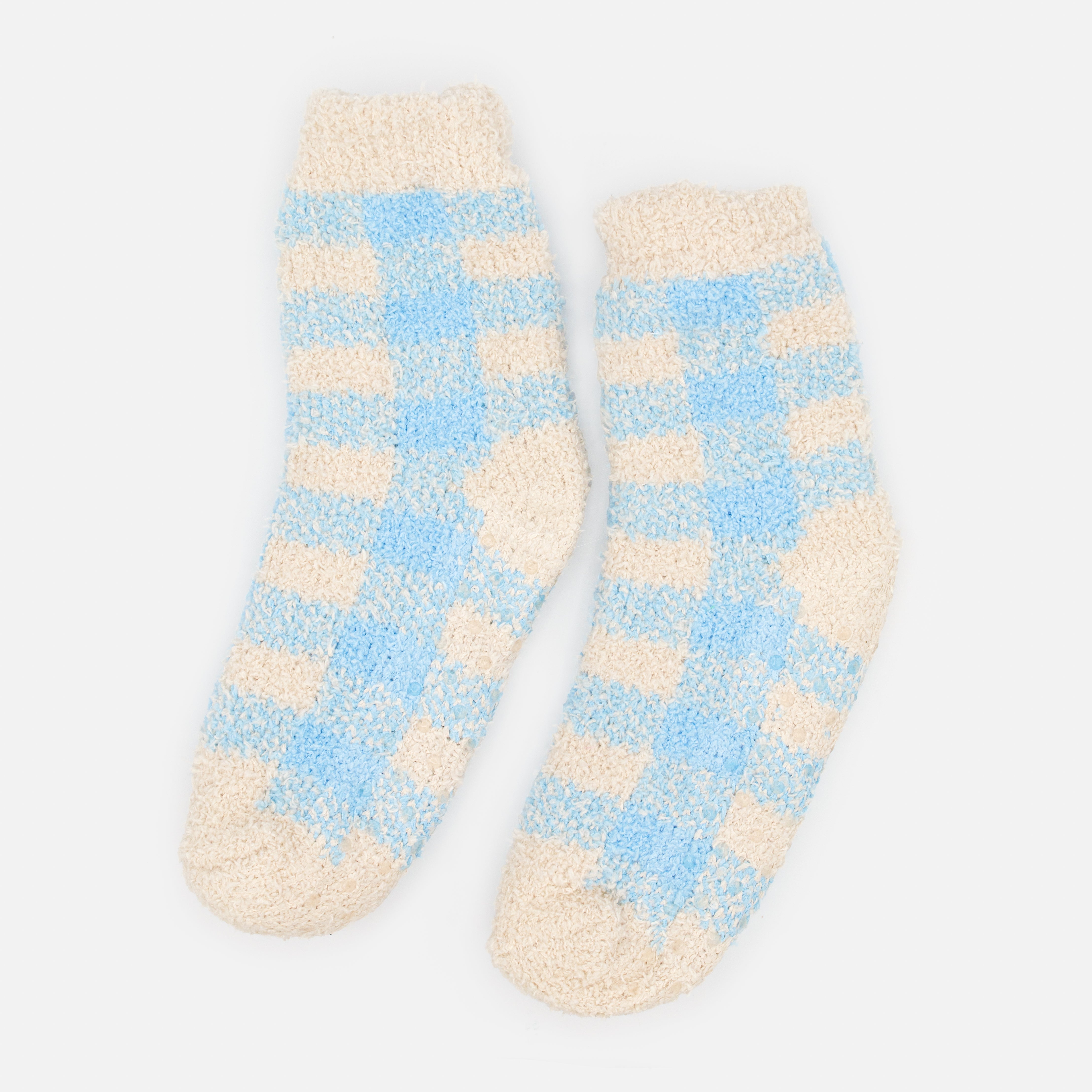Ivory cozy stockings with pale blue checks