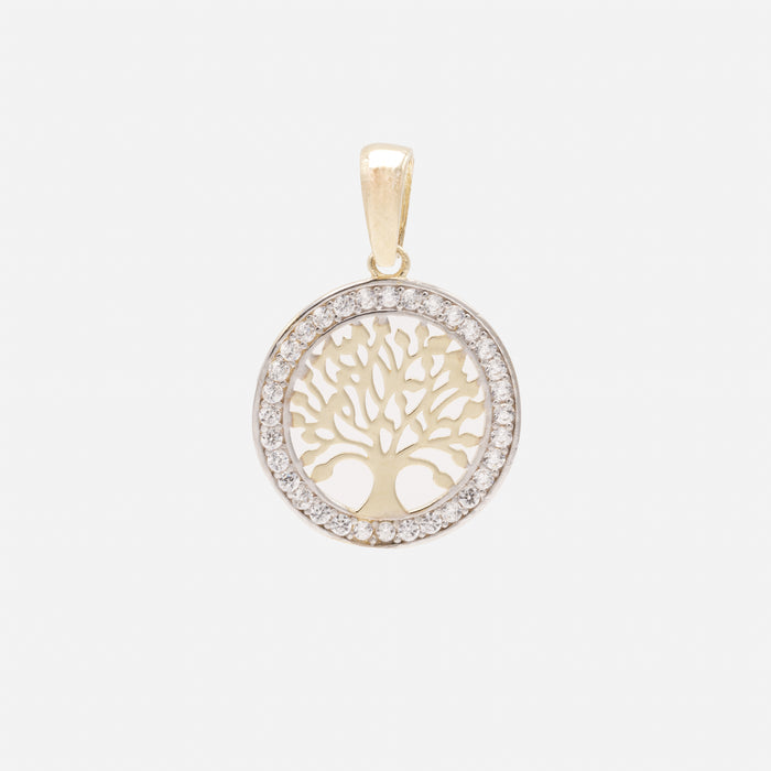 Breloque arbre de vie en feuilles avec zircons cubiques en or 10 carats