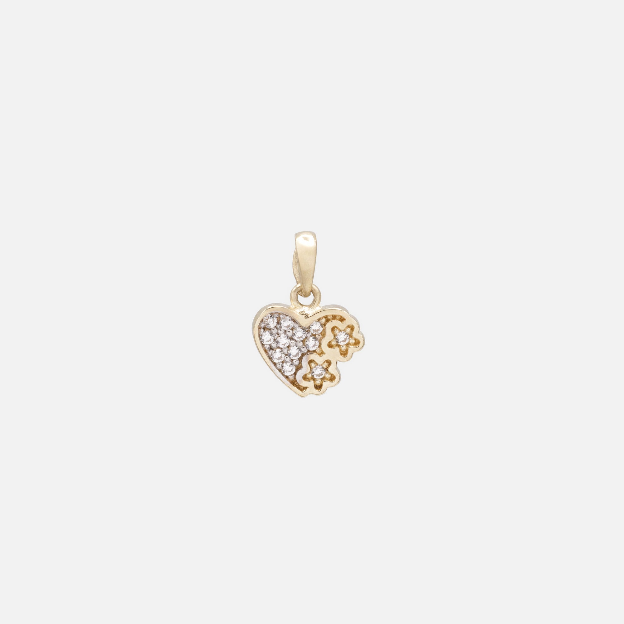 Breloque petit coeur et son duo de fleurs avec zircons cubiques en or 10 carats