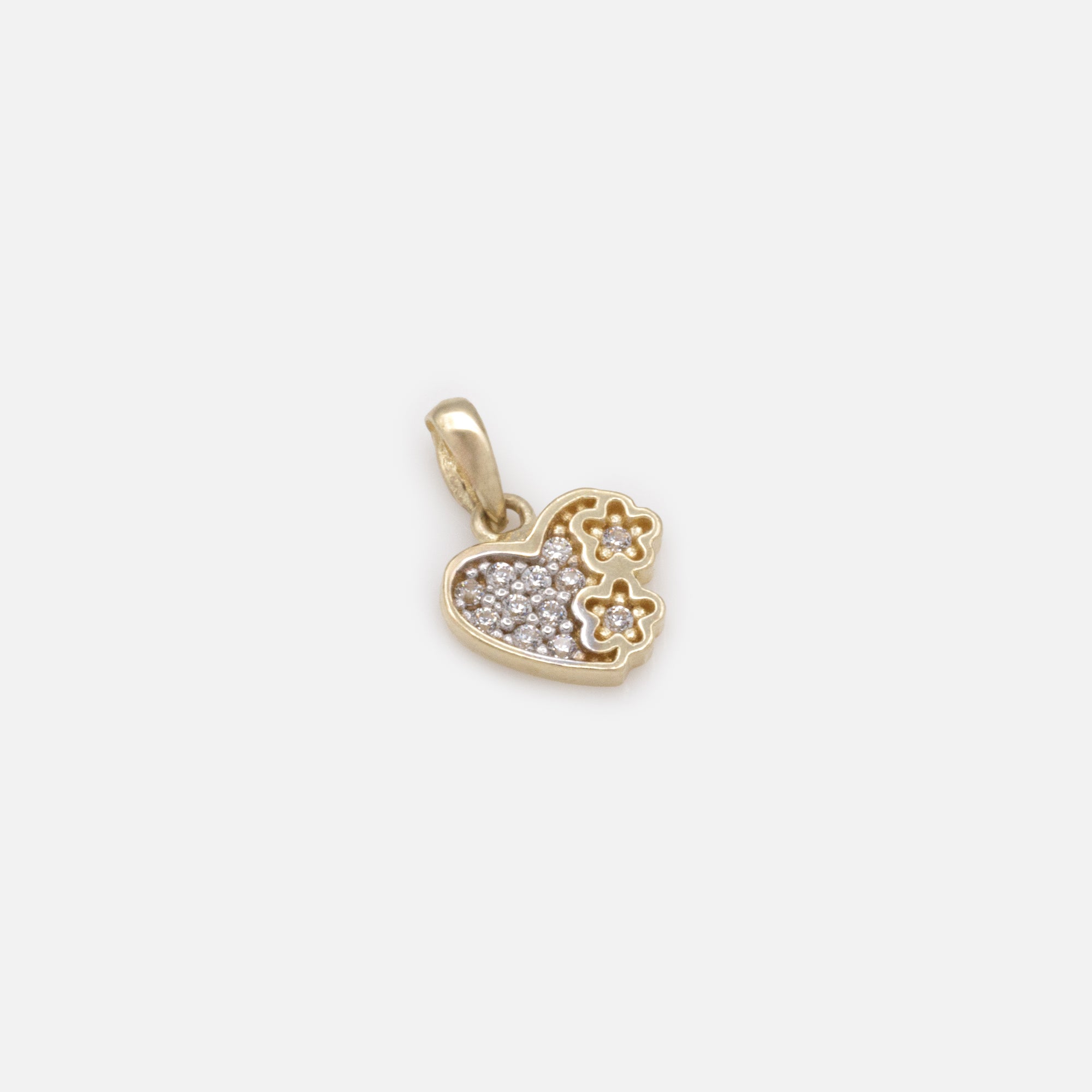 Small heart charm and its duo of flowers with cubic zirconia in 10 carat gold