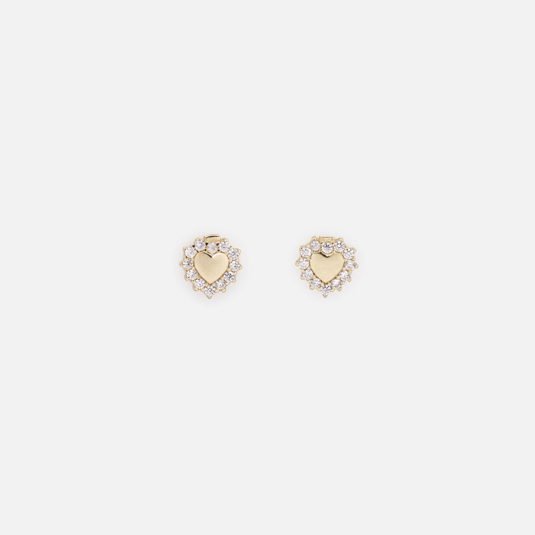 Boucles d'oreilles petits coeurs dans leur couronne de zircons cubiques en or 10 carats