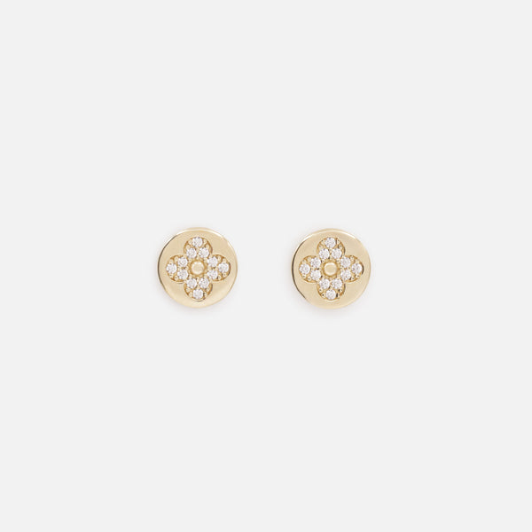 Load image into Gallery viewer, Small cubic zirconia flower earrings on a gold background in 10 carat gold
