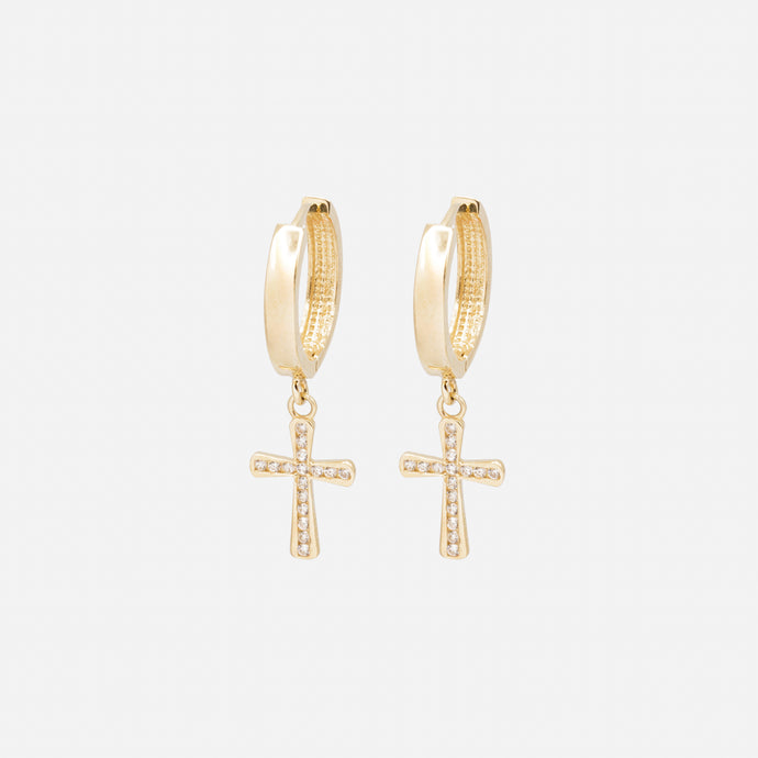 15mm huggies earrings with cross charm and cubic zirconia in 10k gold