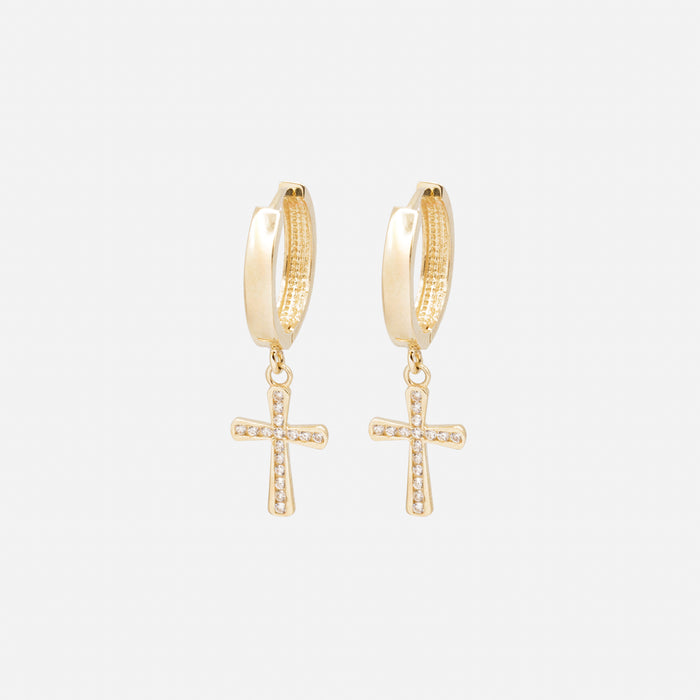 Boucles d'oreilles huggies 15 mm breloque croix avec zircons cubiques en or 10 carats