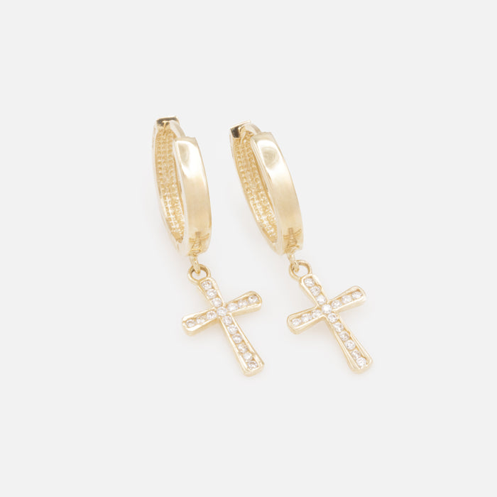 Boucles d'oreilles huggies 15 mm breloque croix avec zircons cubiques en or 10 carats