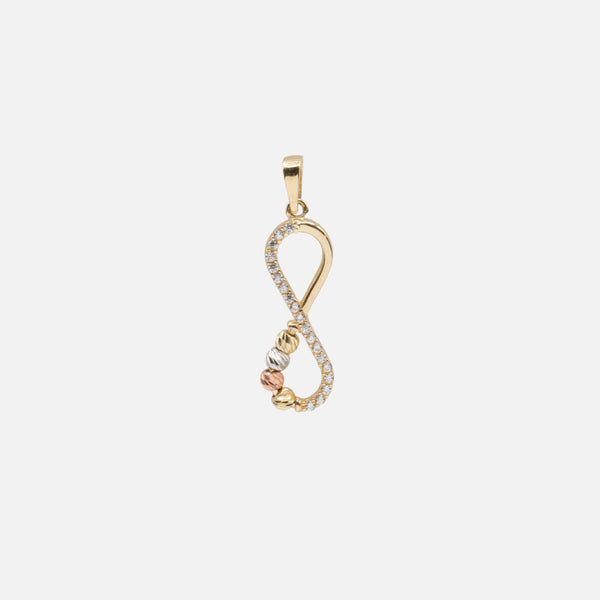 Load image into Gallery viewer, Infinity Sign Charm with 3-Tone Spheres and Cubic Zirconia in 10k Gold
