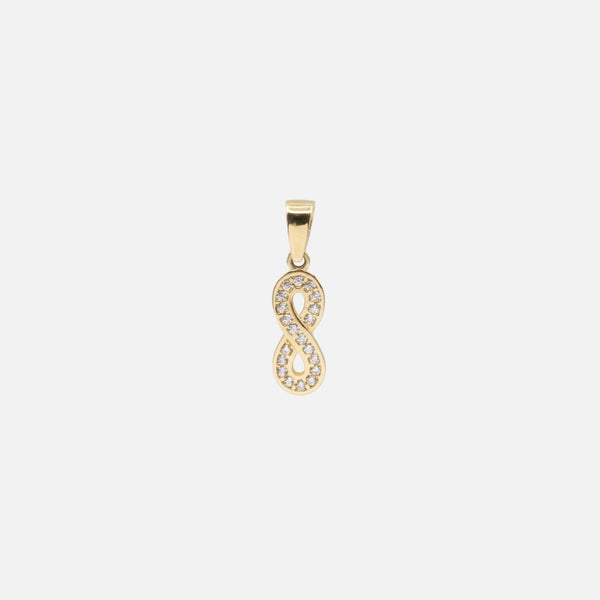 Load image into Gallery viewer, Infinity sign charm fully covered with cubic zirconia in 10k gold
