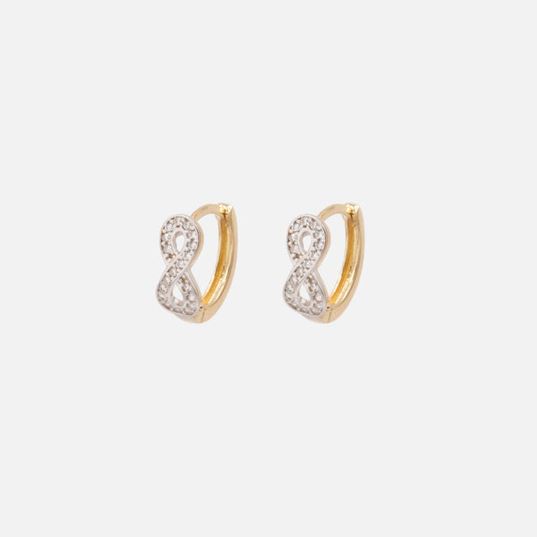 Load image into Gallery viewer, 12mm hoop earrings with infinity sign made of cubic zirconia in 10k gold
