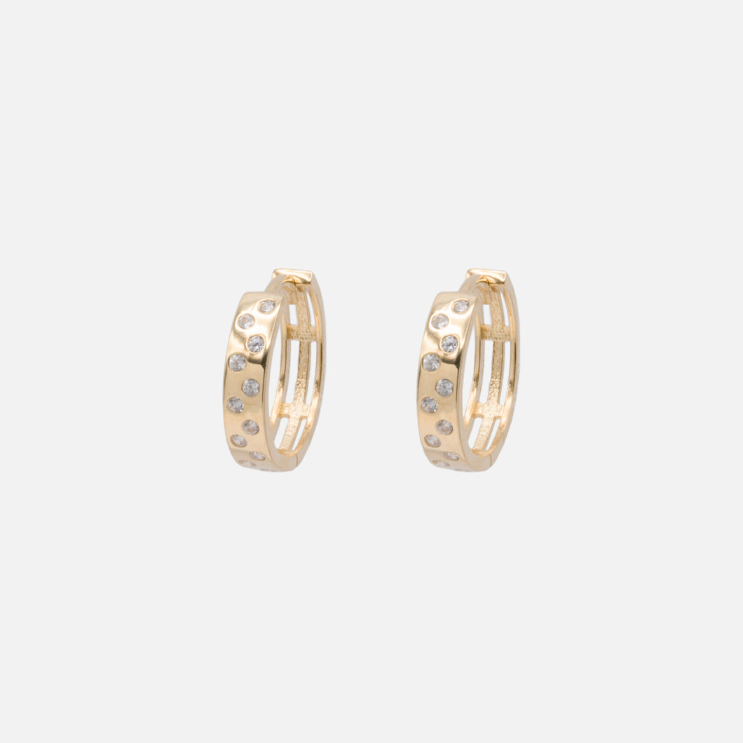 11mm wide hoop earrings with pattern and cubic zirconia in 10k gold