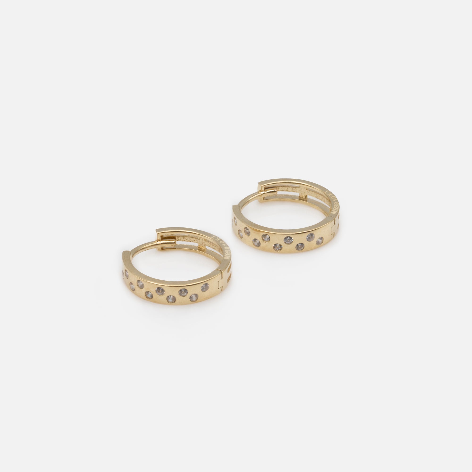 11mm wide hoop earrings with pattern and cubic zirconia in 10k gold