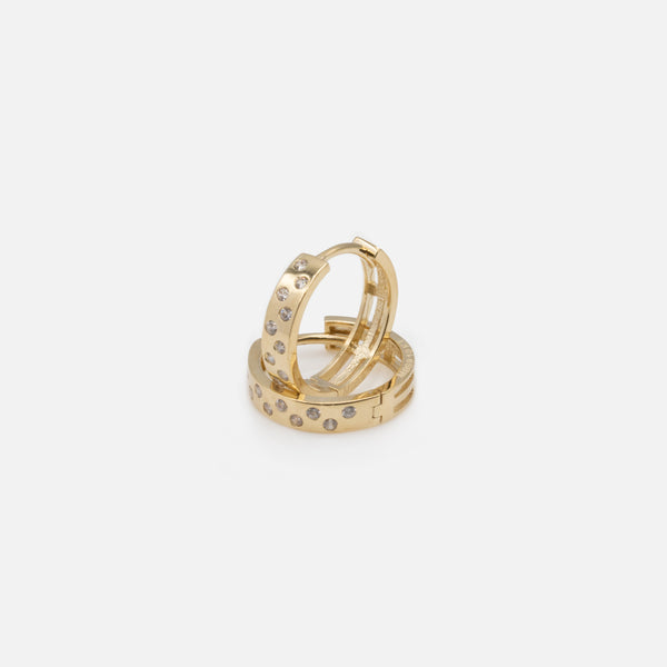 Load image into Gallery viewer, 11mm wide hoop earrings with pattern and cubic zirconia in 10k gold
