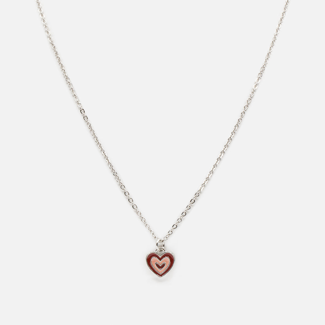 Collier argenté pendentif coeur rouge et rose