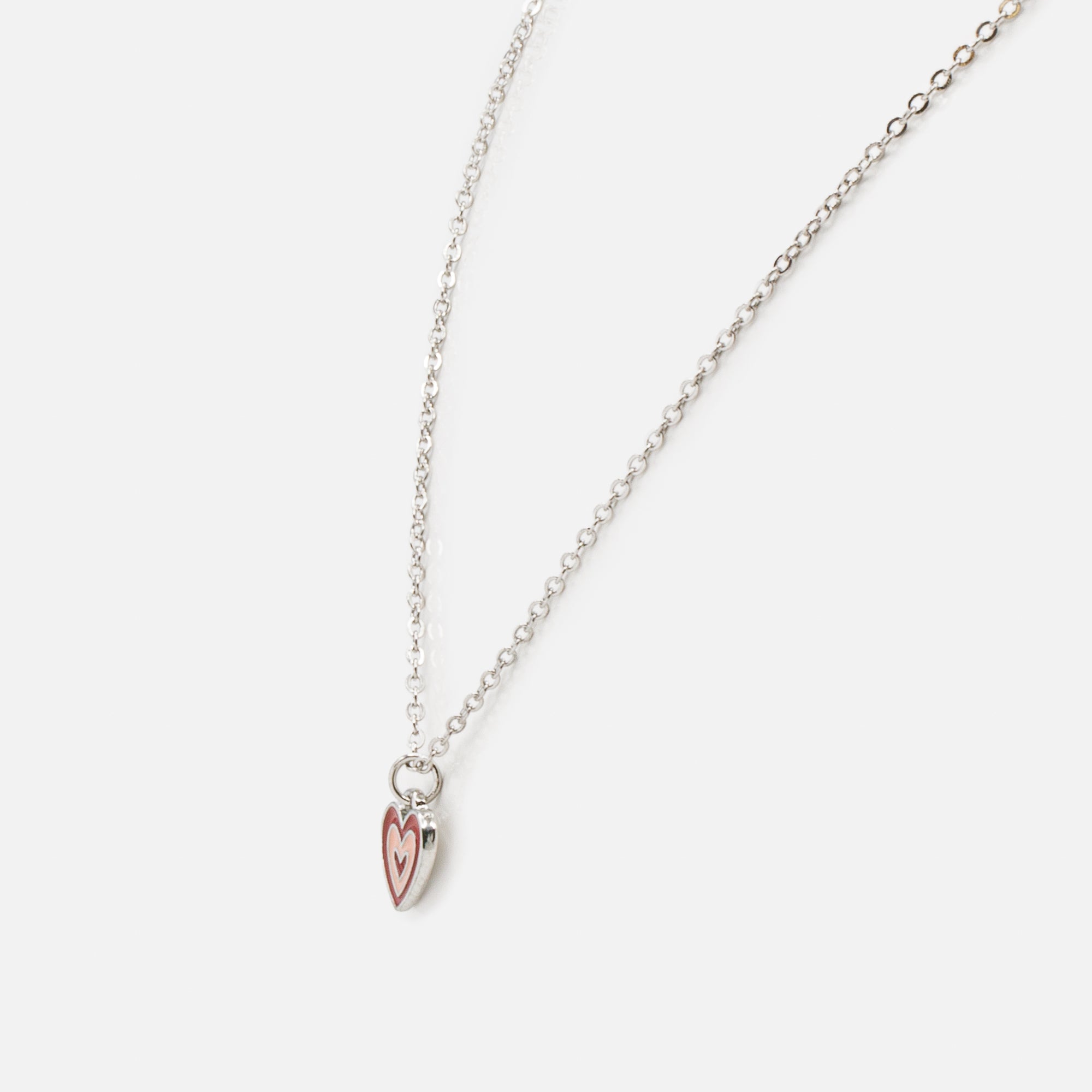 Collier argenté pendentif coeur rouge et rose