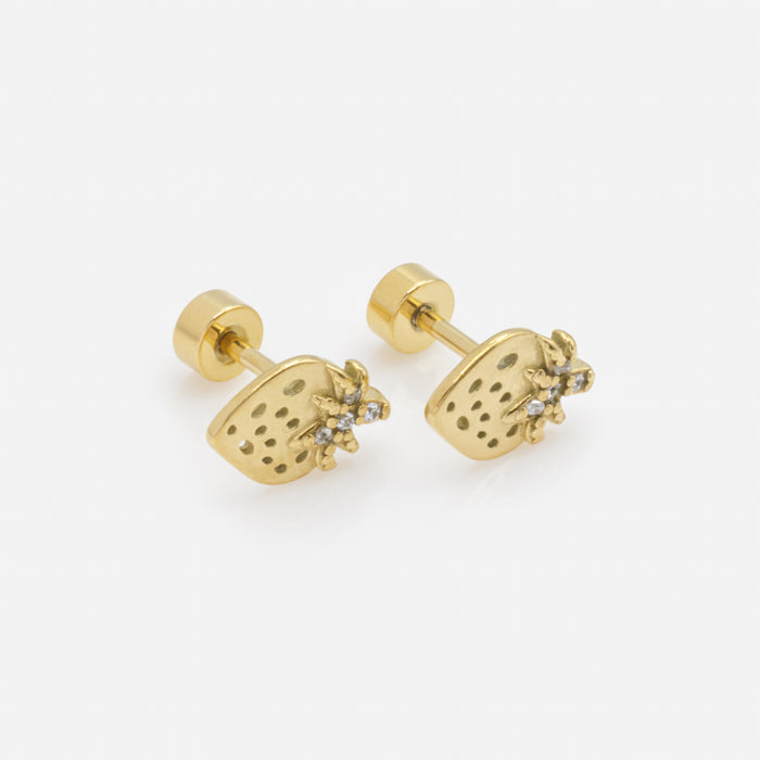 Mini gold strawberry earrings with cubic zirconia in stainless steel