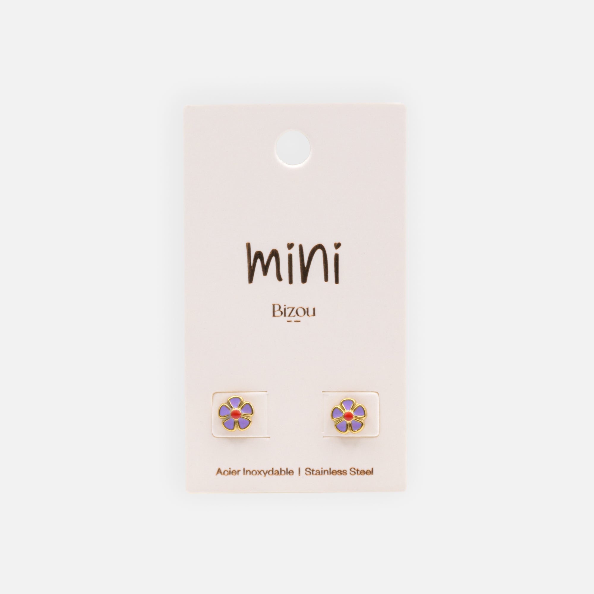 Mini gold earrings with purple and red flowers in stainless steel