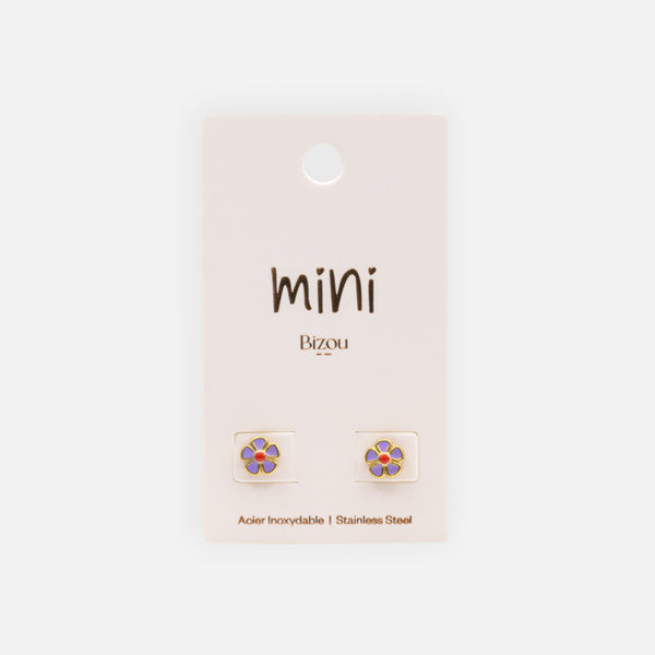 Load image into Gallery viewer, Mini gold earrings with purple and red flowers in stainless steel
