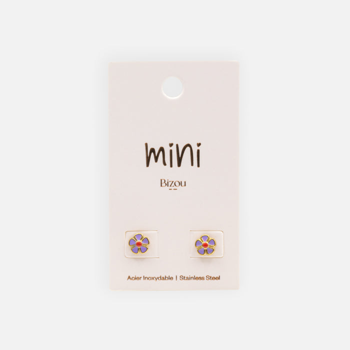 Mini boucles d'oreilles dorées fleurs mauves et rouges en acier inoxydable