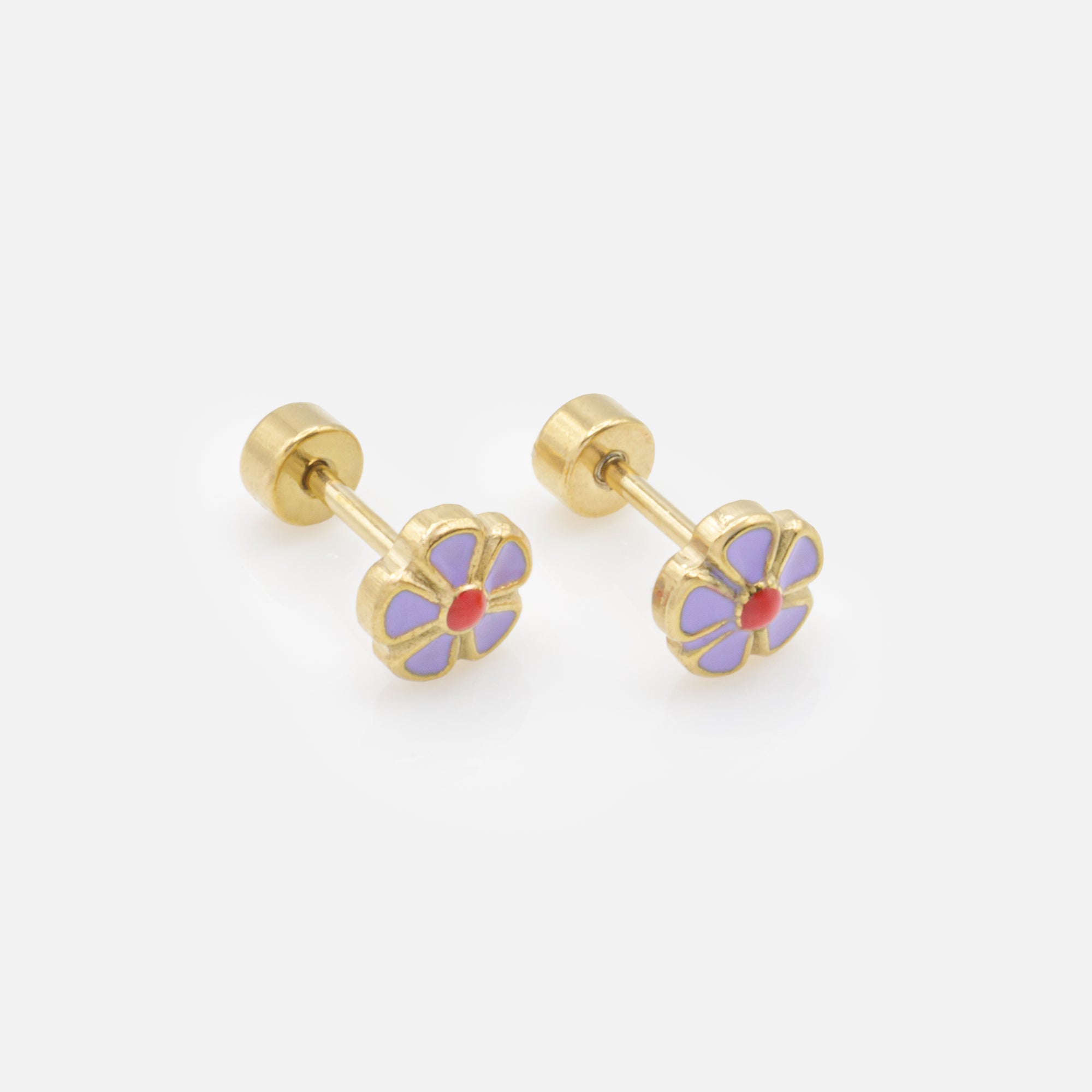 Mini gold earrings with purple and red flowers in stainless steel