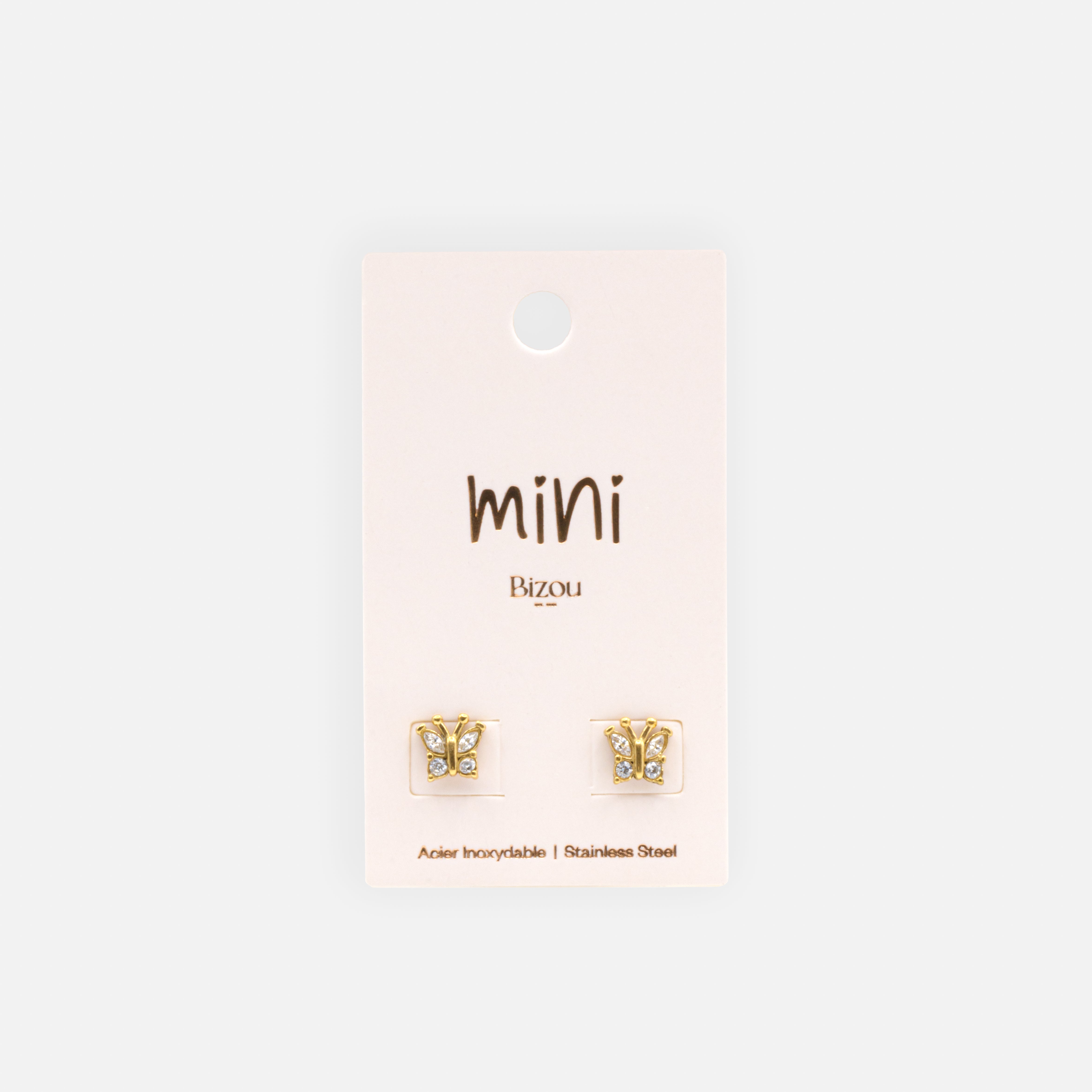 Mini boucles d'oreilles papillons dorés avec zircons cubiques en acier inoxydable