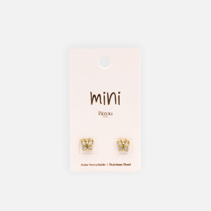 Mini gold butterfly earrings with cubic zirconia in stainless steel