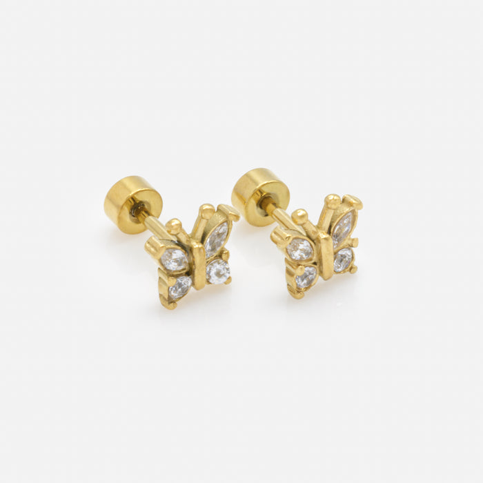 Mini gold butterfly earrings with cubic zirconia in stainless steel