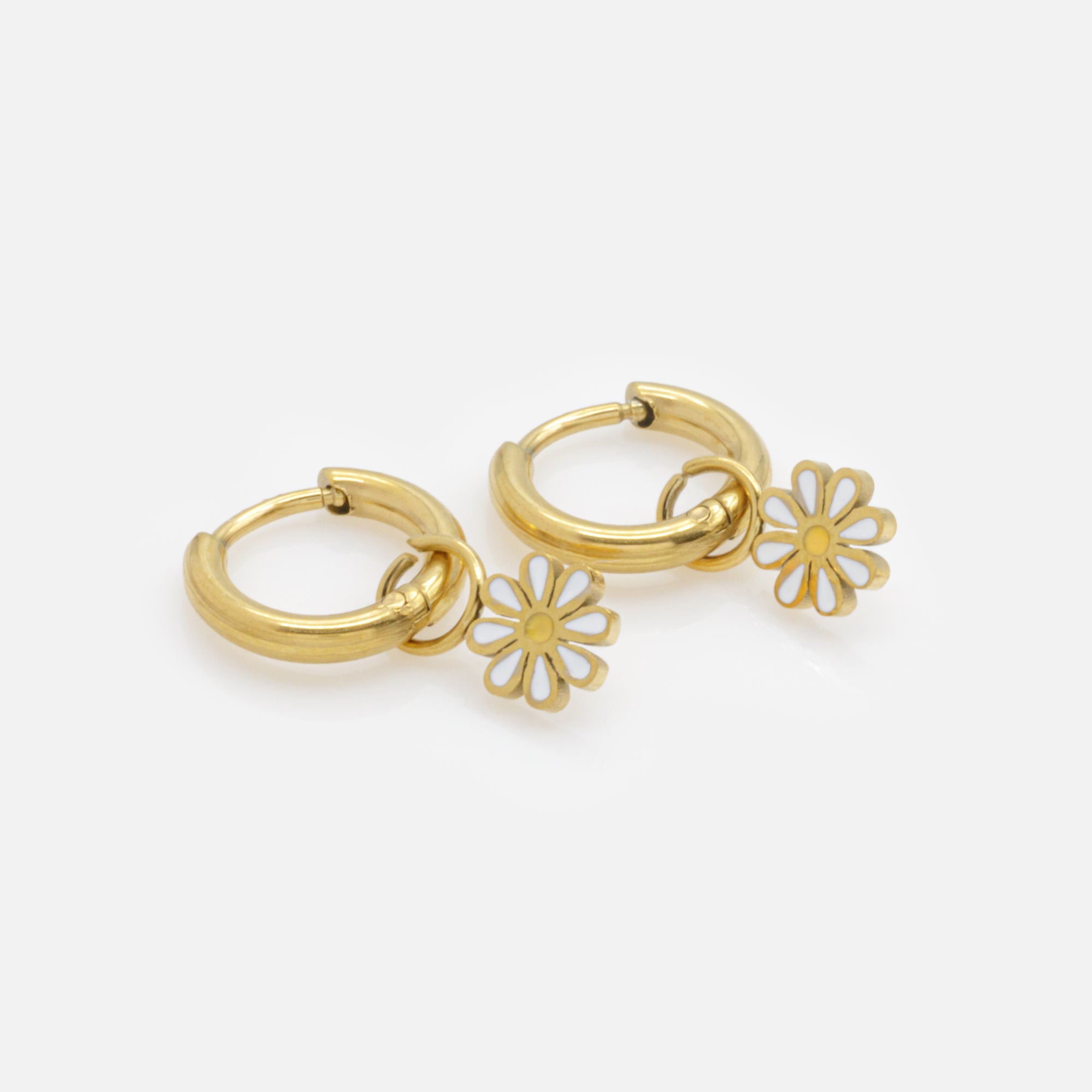 Mini gold huggies earrings with removable daisies in stainless steel