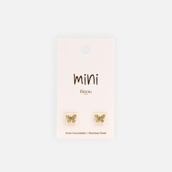 Load image into Gallery viewer, Mini gold butterfly earrings with cubic zirconia in stainless steel
