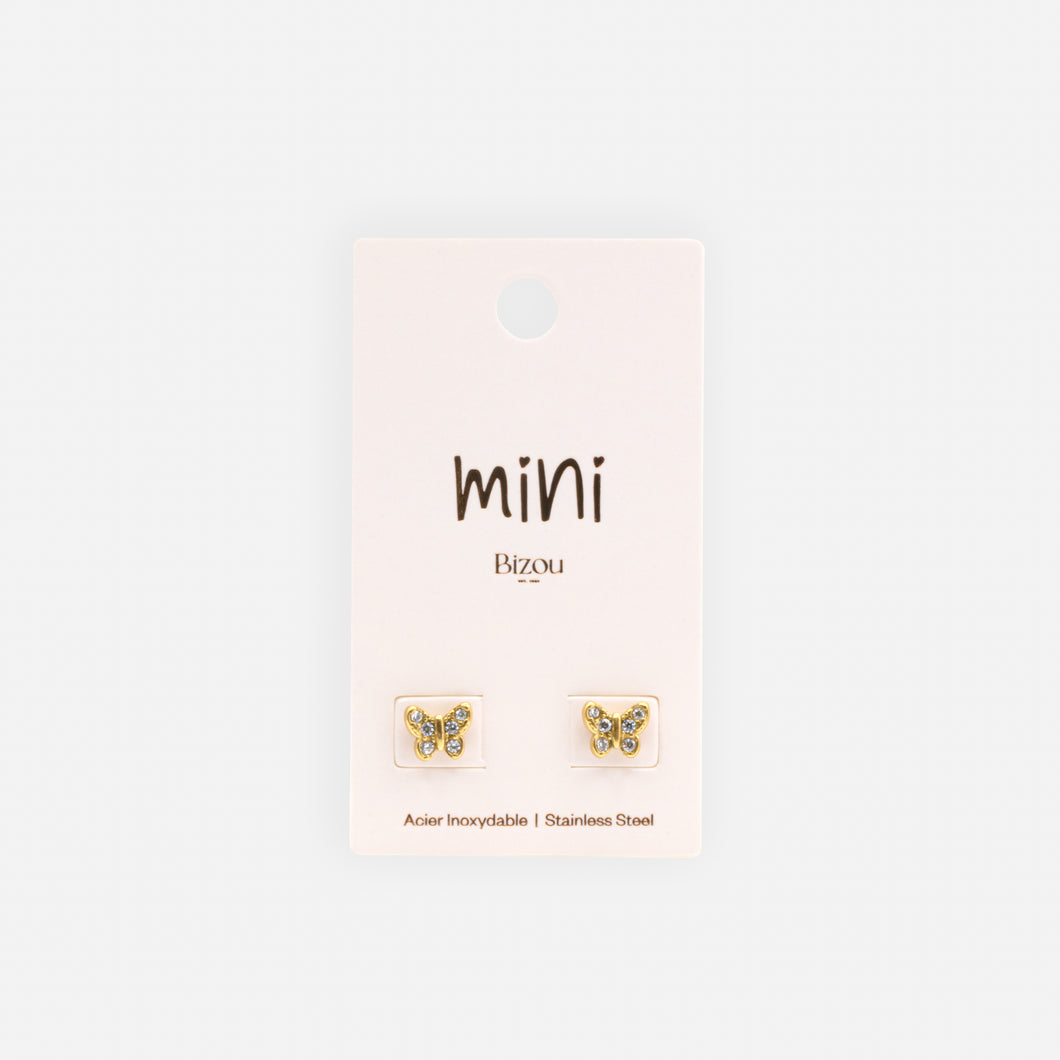 Mini gold butterfly earrings with cubic zirconia in stainless steel