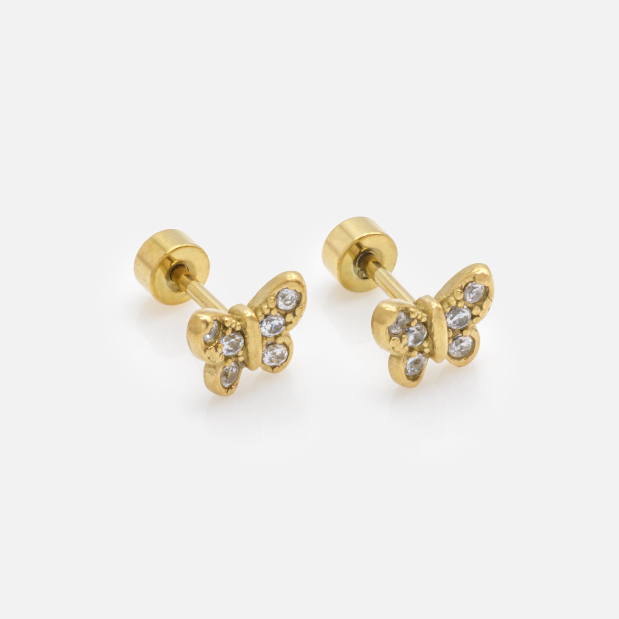 Mini gold butterfly earrings with cubic zirconia in stainless steel