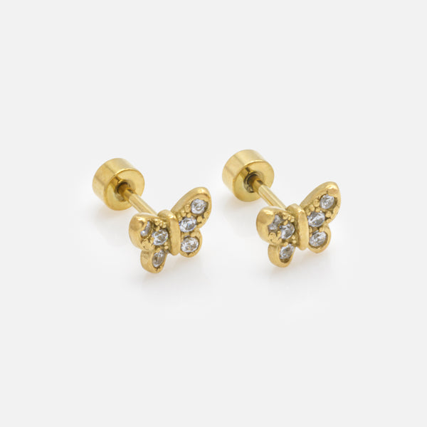 Load image into Gallery viewer, Mini gold butterfly earrings with cubic zirconia in stainless steel
