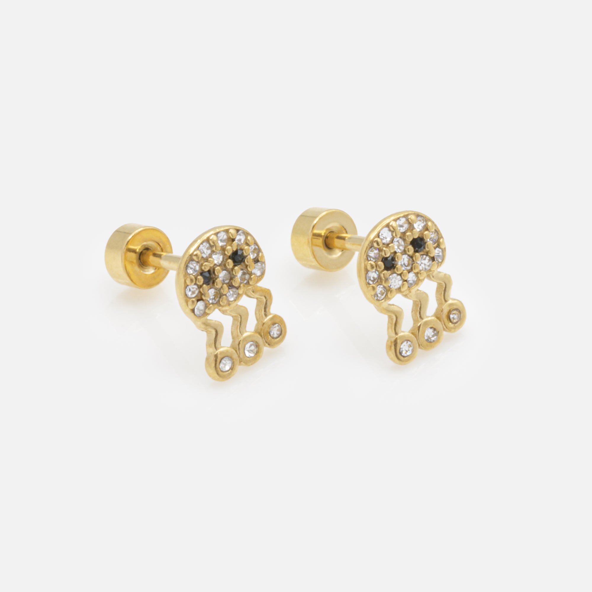 Mini gold jellyfish earrings with cubic zirconia in stainless steel