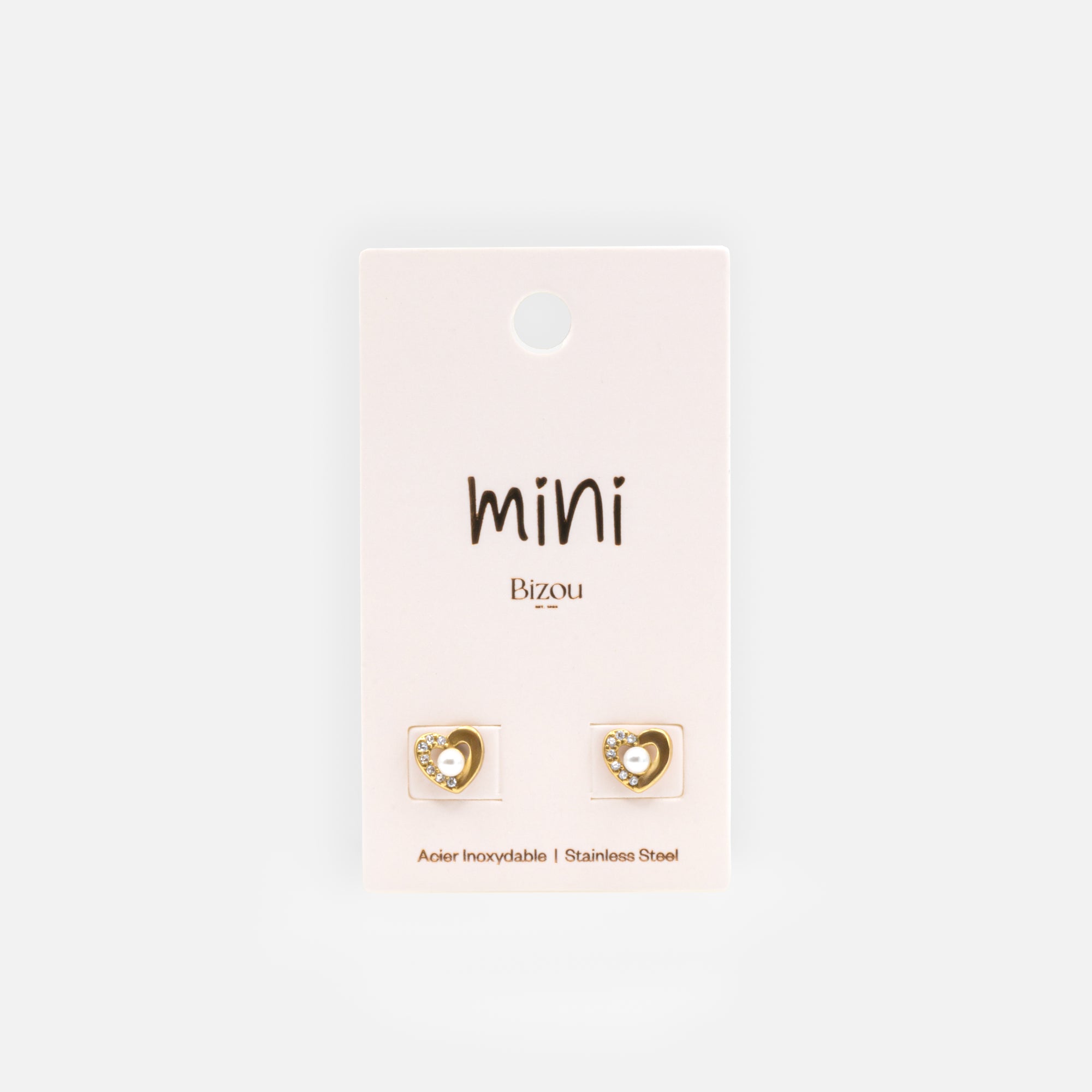 Mini gold heart earrings with pearl and cubic zirconia in stainless steel