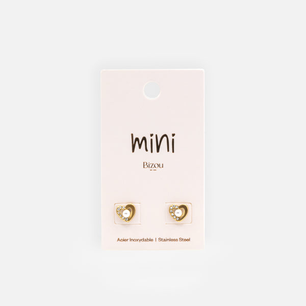 Load image into Gallery viewer, Mini gold heart earrings with pearl and cubic zirconia in stainless steel
