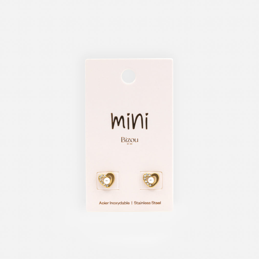 Mini gold heart earrings with pearl and cubic zirconia in stainless steel