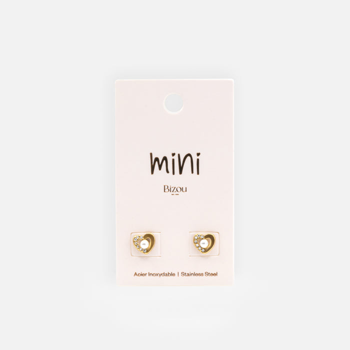 Mini boucles d'oreilles dorées coeurs avec perle et zircons cubiques en acier inoxydable