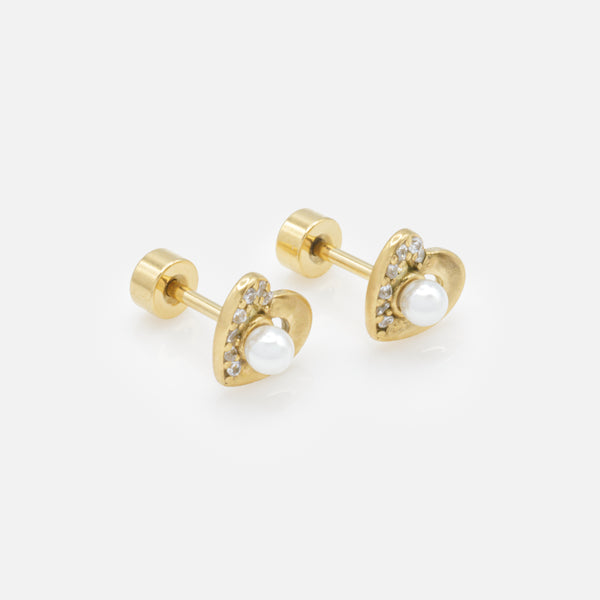 Load image into Gallery viewer, Mini gold heart earrings with pearl and cubic zirconia in stainless steel
