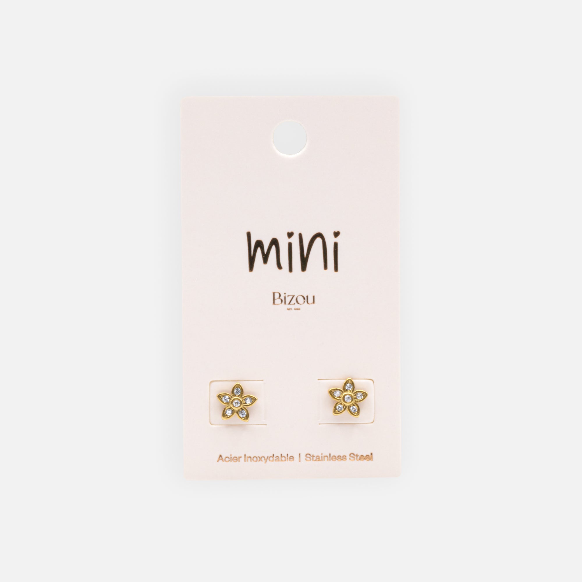 Mini gold flower earrings with cubic zirconia in stainless steel