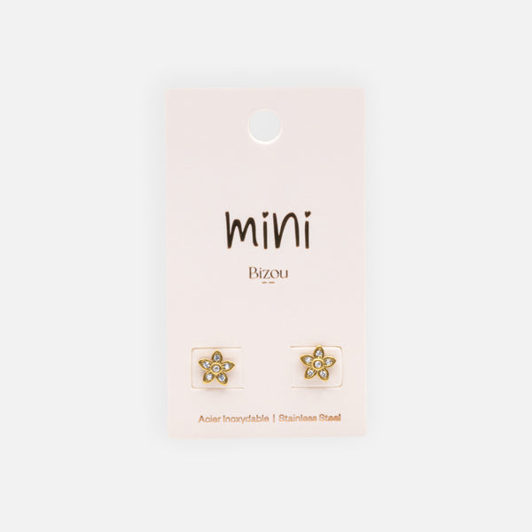 Load image into Gallery viewer, Mini gold flower earrings with cubic zirconia in stainless steel
