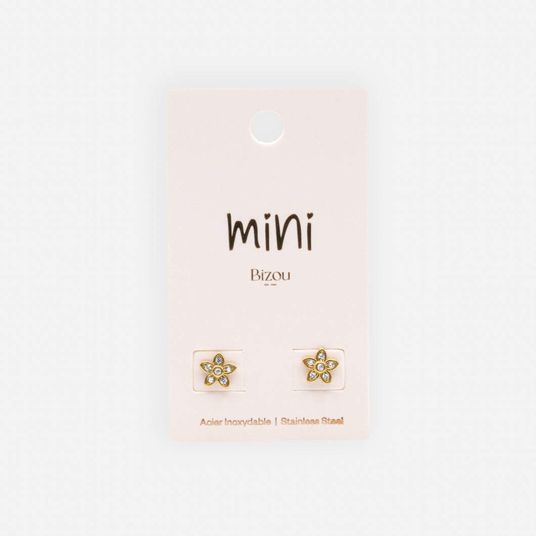 Mini gold flower earrings with cubic zirconia in stainless steel