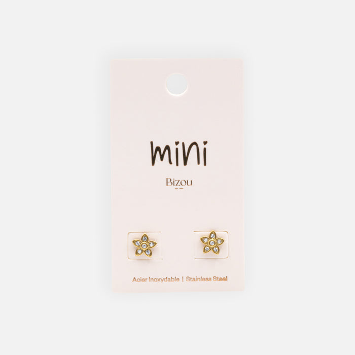 Mini gold flower earrings with cubic zirconia in stainless steel