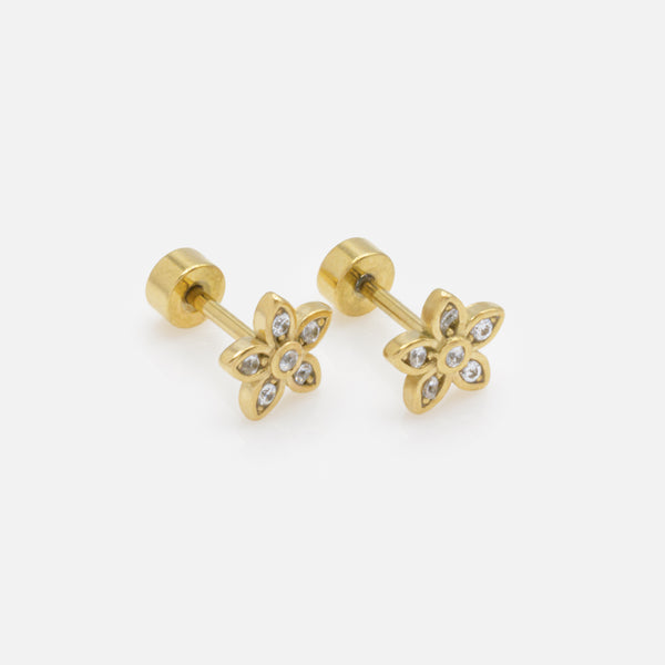 Load image into Gallery viewer, Mini gold flower earrings with cubic zirconia in stainless steel
