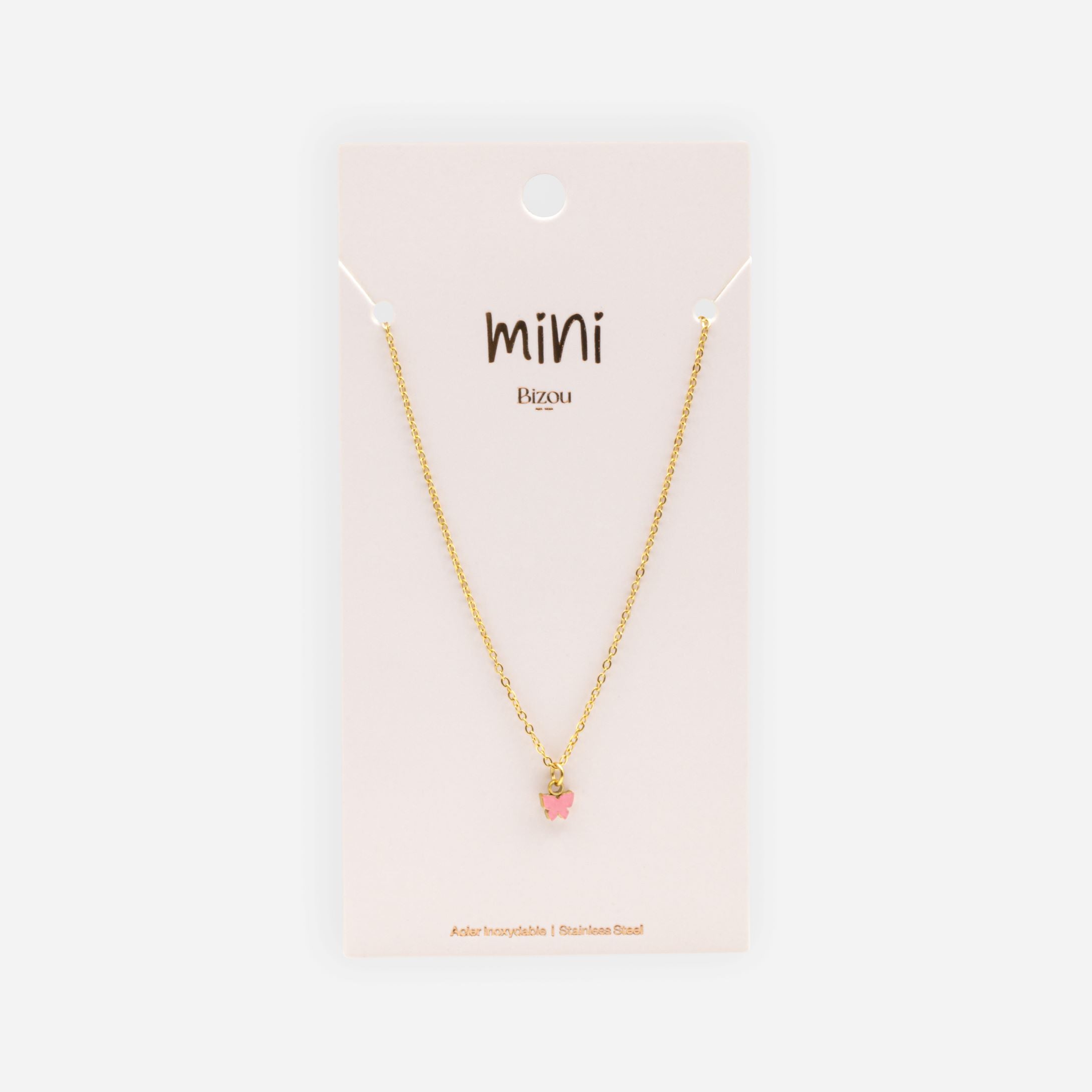 Mini collier doré breloque papillon rose en acier inoxydable