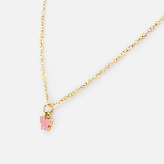 Mini collier doré breloque papillon rose en acier inoxydable