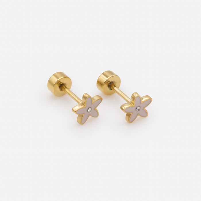 Mini boucles d'oreilles dorées fleurs rose pâle avec zircon cubique central en acier inoxydable