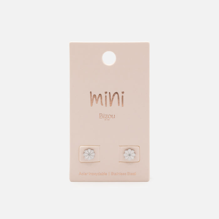 Mini boucles d'oreilles argentées fleurs blanches en acier inoxydable