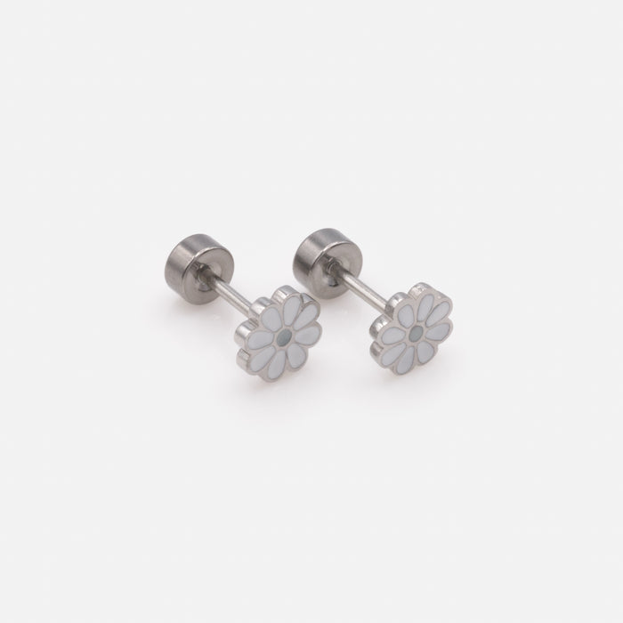 Mini boucles d'oreilles argentées fleurs blanches en acier inoxydable