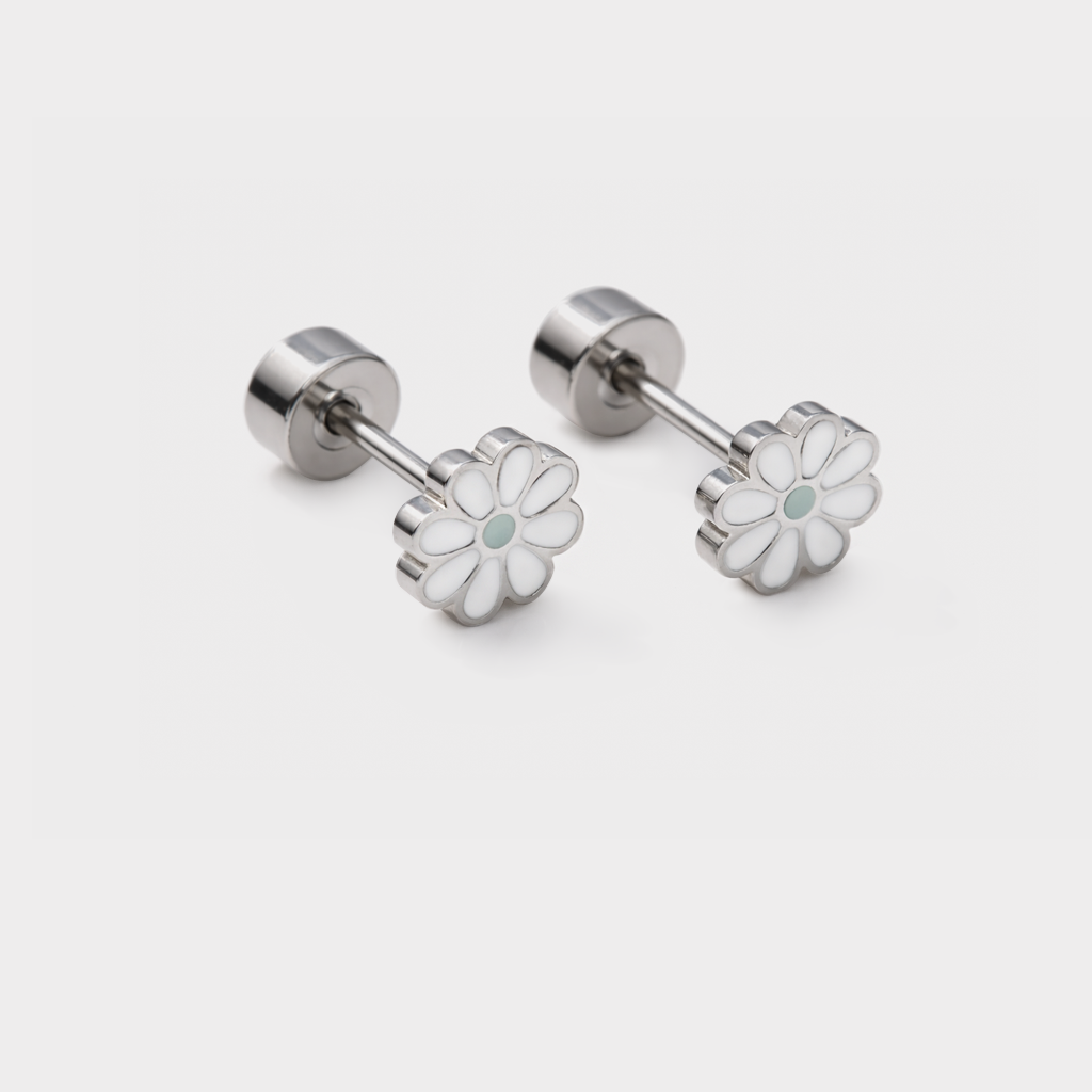 Mini boucles d'oreilles argentées fleurs blanches en acier inoxydable